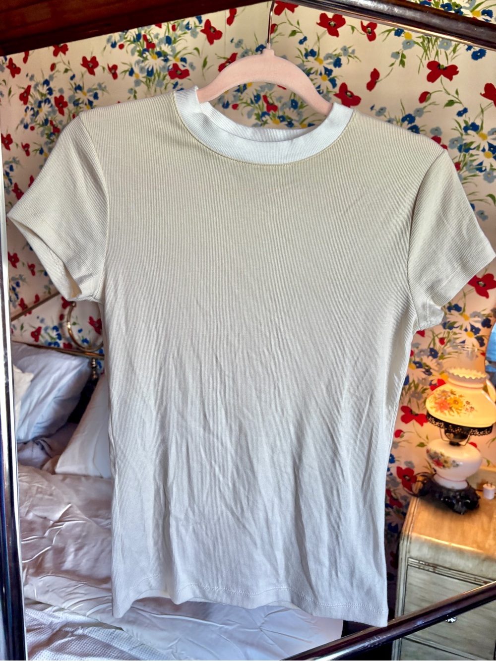 a new day cream ribbed baby tee small white ringer y2k fitted minimalist top